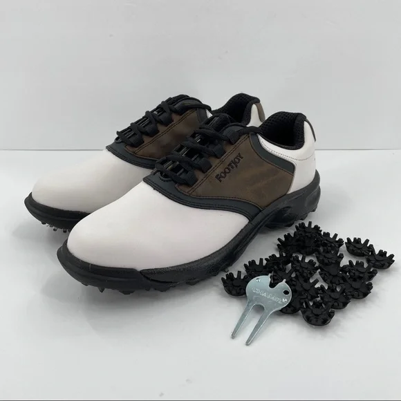 FootJoy Greenjoy Mens Golf Cleats White Brown Lace FootJoy FJ Mens 11.5 Medium Golf Shoes GreenJoys White Brown  main image 2